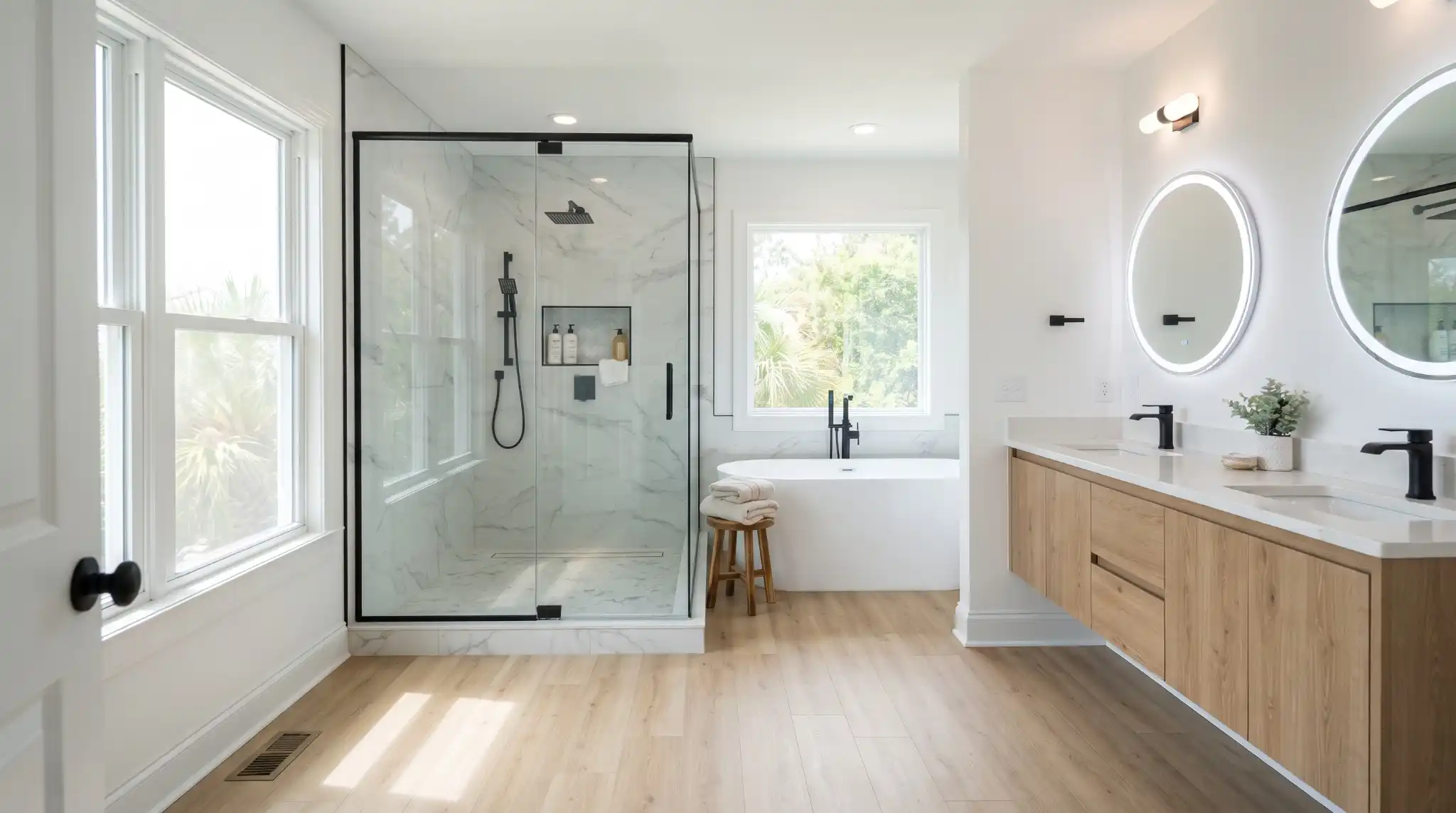 Custom marble tile shower and modern vanity remodel in Myrtle Beach