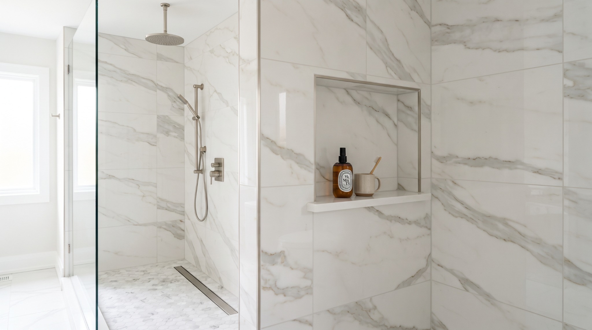 Marble-look tile bathroom shower installation