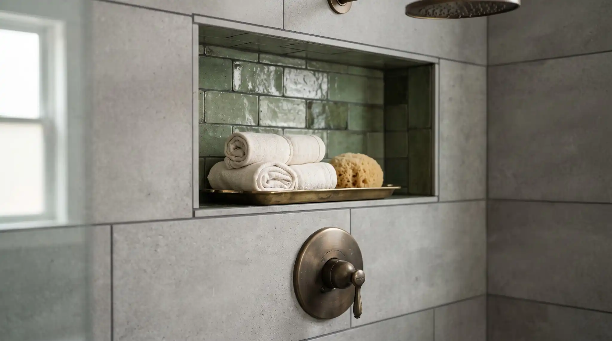 Modern porcelain tile shower with custom niche