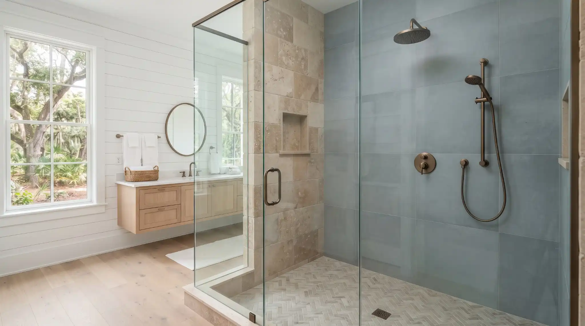 White subway tile walk-in shower remodel